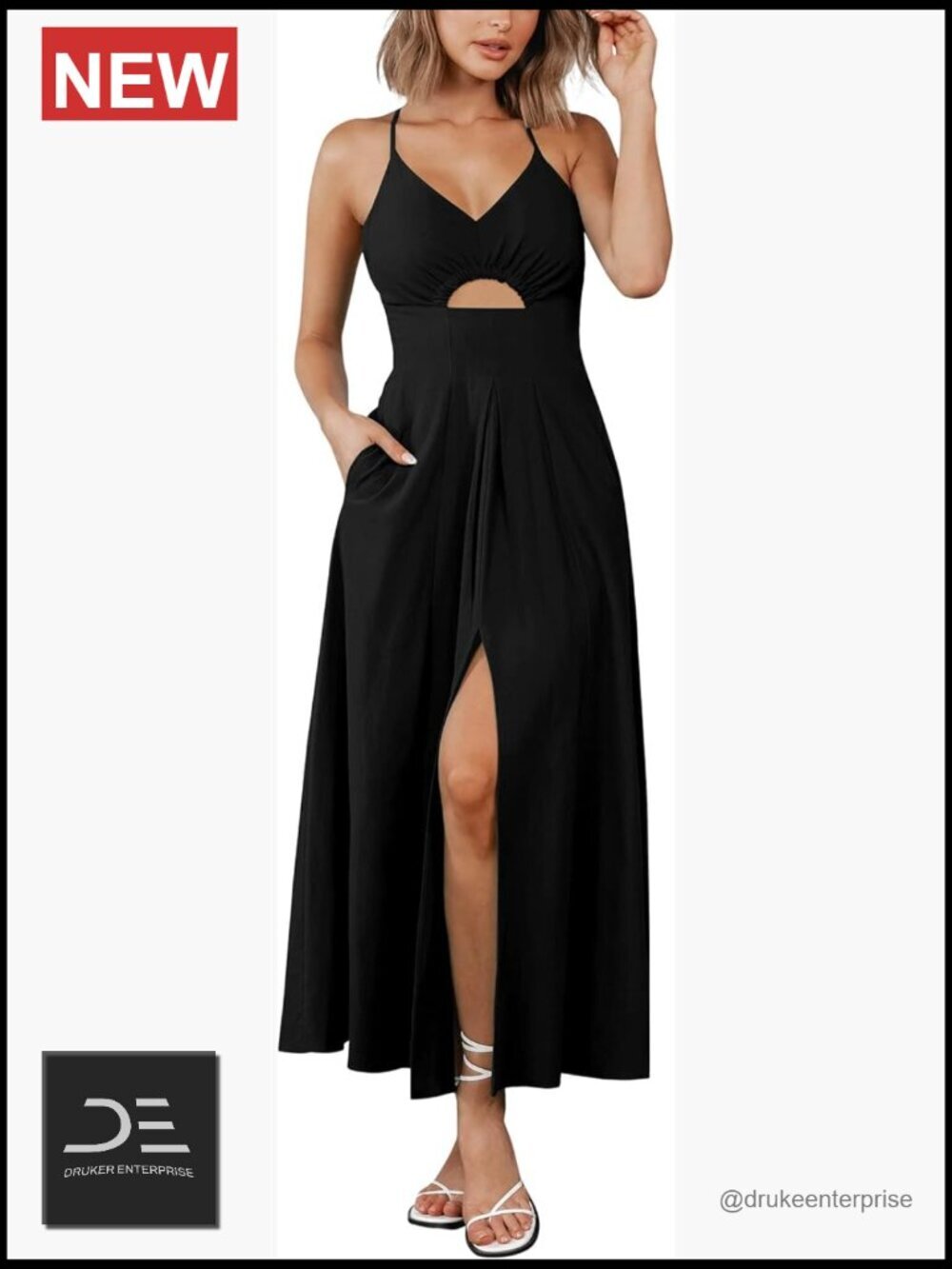 Spaghetti Strap V Neck Cutout High Slit Maxi Dress with Pockets